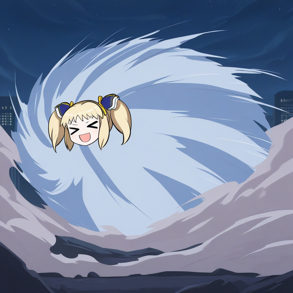 choukyuuhaoudeiedan, spinning, 1girl, solo, mika returna, blonde hair, yellow eyes, short twintails, hair ribbon, hairpods, closed eyes, >_<, open mouth, smile, outdoors, night, city background, blue smoke, dust, anime_screencap, source_anime, masterpiece, best quality, ultra-detailed, absurdres, newest, head only