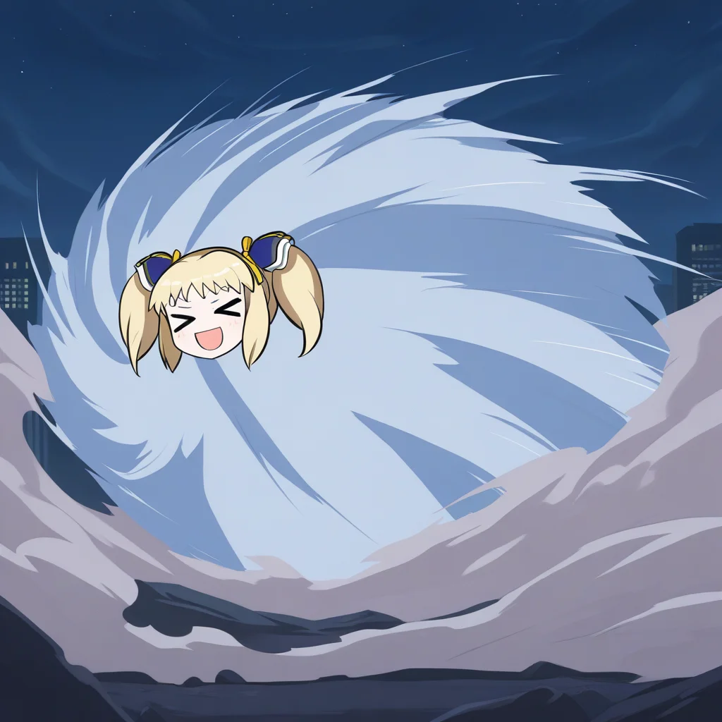 choukyuuhaoudeiedan, spinning, 1girl, solo, mika returna, blonde hair, yellow eyes, short twintails, hair ribbon, hairpods, closed eyes, >_<, open mouth, smile, outdoors, night, city background, blue smoke, dust, anime_screencap, source_anime, masterpiece, best quality, ultra-detailed, absurdres, newest, head only
