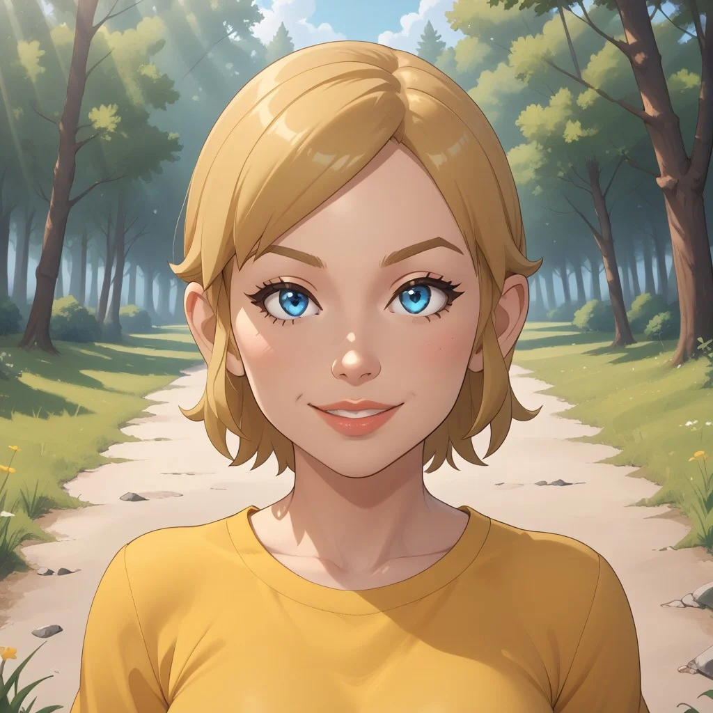 score_9, score_8, BREAK, wii, mii, wii sports, 1girl, female mii, cute, blonde hair, blue eyes, dark blonde eyebrows, lips, yellow clothing, white pants, shoes, breasts, nintendo mii, modern_mii, classic_mii, Sadie_(OC_Mii), sexy pose, self portrait, smile, outdoors, sunlight, shadows, evening lighting, natural lighting, forest, trees, grass, orange sky, sunset