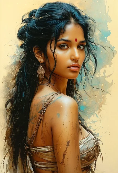 Awe-inspiring painting, epic scene, dust centred, approaching perfection, concept art, Mid shot, mid body, lean, long, over the shoulder of a beautiful young indian Lady with wild black hair, plain background, Dramatic light, Cinematic, Masterpiece, bold lines, grand and endless horizons atmosphere with transmittance, magnificent details, (light blue and pastel colors:0.1), (art style of Luis Royo, Carne Griffiths, Todd McFarlane), OverallDetail