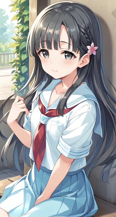 score_9,score_8_up,score_7_up,
official art,official style,game cg,megami magazine,
uncensored,
1girl,
kbykwse school,kobayakawa sae,bangs,blue skirt,blunt bangs,collarbone,flower,
grey eyes,black hair,
hair ornament,highres,long hair,
neckerchief,pleated skirt,sailor collar,school uniform,serafuku,shirt,short sleeves,skirt,white shirt,
blue sailor collar,blue serafuku,blue shirt,blush,red neckerchief,
eyebrows visible through hair,braid,
flower,hair flower,hair ornament,highres,
bangs,blunt bangs,bow,
<lora:idolmaster_kobayakawa_sae_pony_v1:1>,