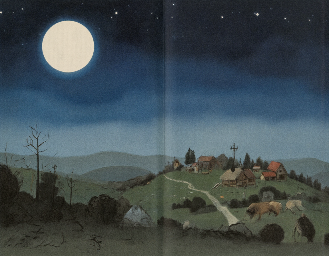 <lora:SUT_NEW:1>, A night scene with a full moon shining over a sleeping village, in the style of Vitaly Suteev â dreamy and peaceful, soft gradients, minimalistic background, warm bedtime storybook illustration from a Soviet-era fairy tale