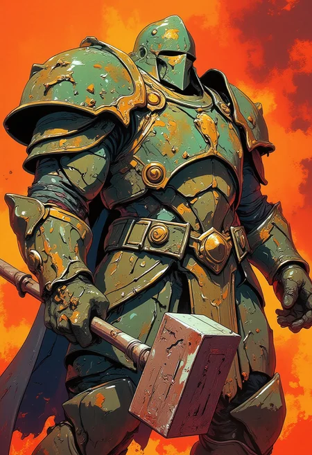 A powerful armored warrior in a green and gold battle-worn suit, holding a massive hammer. The style is a mix of neo-expressionism and comic book aesthetics, with bold brushstrokes, high contrast shading, and a limited yet vibrant color palette. The background is fiery orange, giving a dramatic, high-energy atmosphere. The texture of the armor appears rough and weathered, with scratches and chipped paint, 