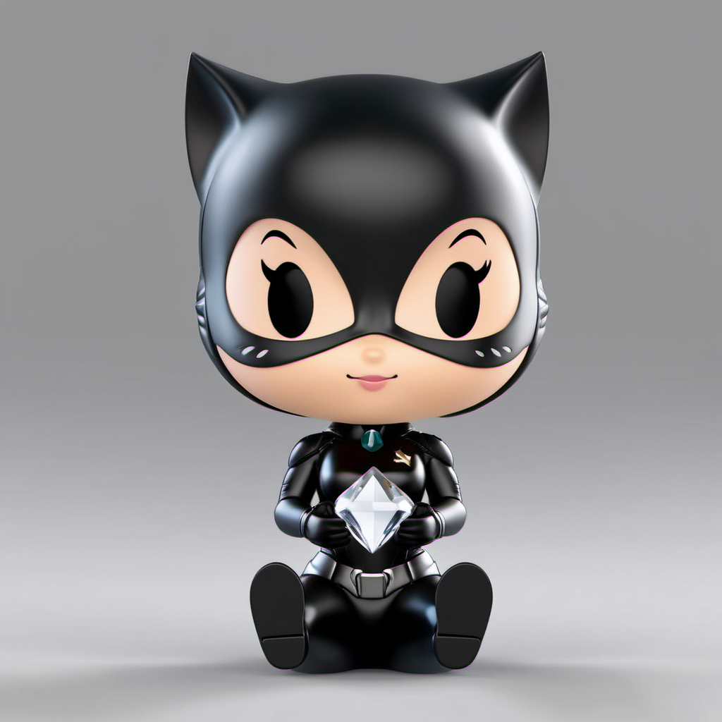 blind box style of Catwoman holding a diamond sitting on the ground,simple background, chibi, solo,(big head:1.2),small body,octane render, highly detailed, volumetric, dramatic lighting,pop, <lora:pop:0.8>