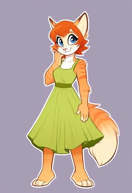 score_9, score_8_up, score_7_up, score_6_up, score_5_up, score_4_up, telegramstickerxl, cute, 2d, vector art, cartoon, (white outline), drop shadow, sticker, Vera,1girl, solo, furry female, short hair, orange hair, bangs, fox ears, perfect eyes, blue eyes, freckles, snout, animal nose, body fur, two-tone fur, orange fur, white fur, striped, fox tail, square pattern on dress, green sundress, green and orange color, barefoot, full body, front view, looking at the viewer, smile, focus on face, dynamic pose, 4k, 8k, Ultra HD, masterpiece, simple background.
