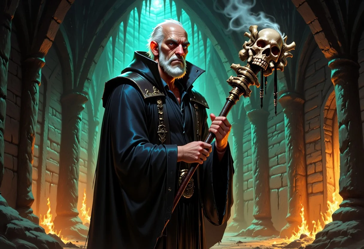 Dark-Fantasy-Cardd-Flux.V1.0 dark fantasy style illustration that features a necromancer, old man with perfect hands wearing black robe and wielding a staff adorned with multiple bones and skulls, he stands in the middle of crypt dimly lit by torches