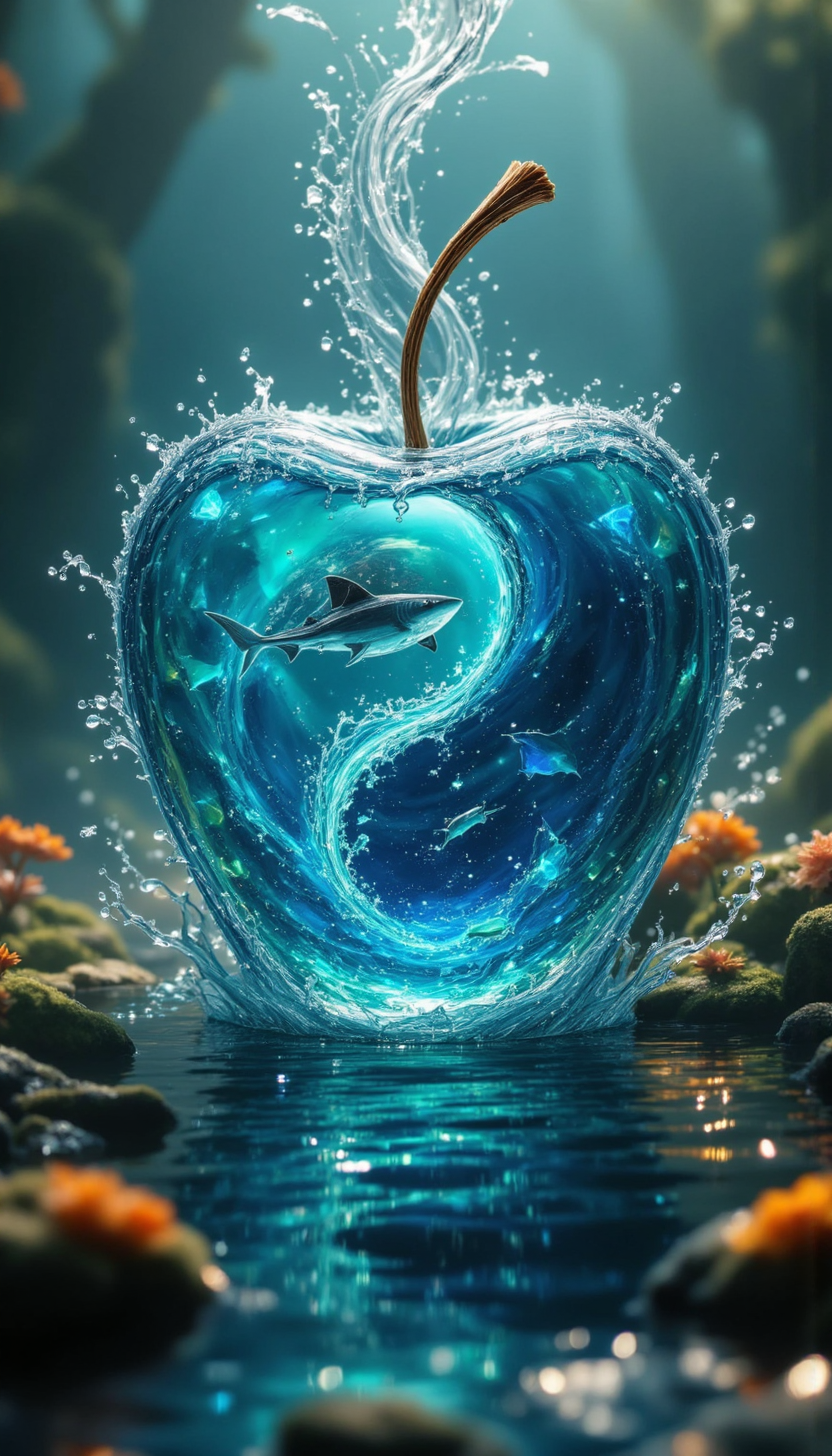 pinkfluxproultrafantasia, 
Hyperdetailed Yin yang of stunning blck and white glass Apple of crystal and molten Aquamarine and Emerald made by smoke, Ethereal miniature fantasy ocean world inside shark, storm, waves, cute little shark, hyper detailed, hyper realistic, magic light, sunny, water drops, swirling water exploding from the apple. elegant high detail fantastic view close up hyper realistic 4K 3D focused insane depth; by Kim Keever Antoine Collignon Wadim Kashin Tim, transparent bottom, moody, realism infused by the dark whimsy of Tim Burton, surrealism, incredible volumetric lighting and meticulous composition reminiscent of Wadim Kashin and Antoine Collignon's atmospheric expertise, hyper- detailed mythical background, mystical fog, dynamic digital illustration reminiscent of Kim Keever and Peter Mohrbacher's surreal realms, within a breathtakingly arranged, photorealistic concept art masterpiece Burton Peter Mohrbacher; incredible composition; meticulously composed concept art, masterpiece, mystic fog, digital illustration, Reflections, cell- shaded, Volumetric lighting high quality CGI VFX fine art"