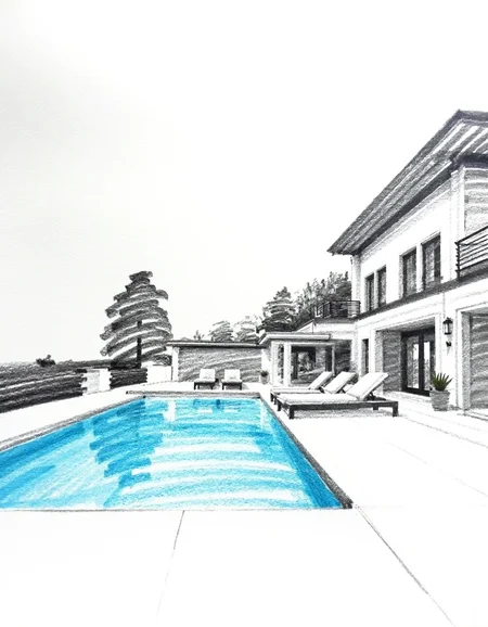 a modern villa with swimming pool drawn in bold 6B pencil strokes