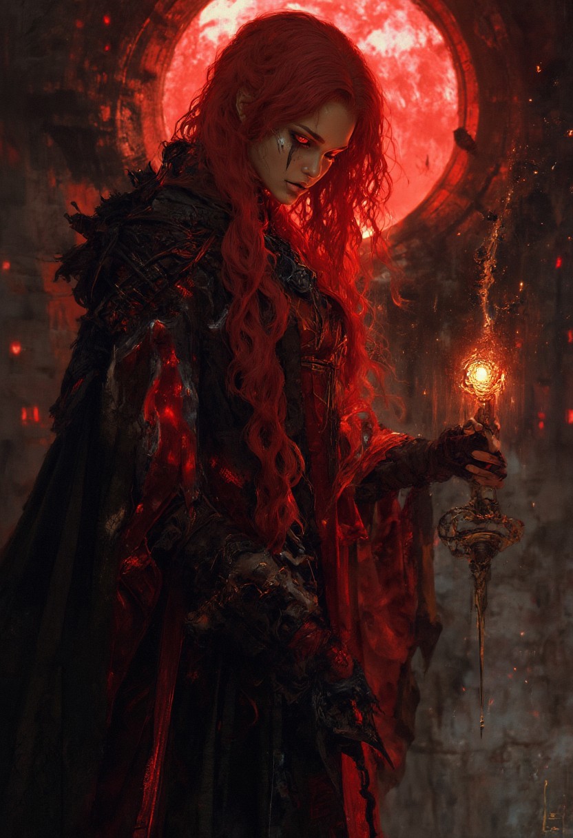 A beautiful blood moon priestess stands at the center of an ancient, stone altar bathed in crimson moonlight. She wears a sheer robe that clings to her curves, embroidered with dark red and black runes. Her long, blood-red hair cascades over her shoulders, and her eyes, glowing with a deep, otherworldly red, are filled with a mysterious power. She holds a ritual dagger in one hand, the blade glistening under the blood moon's eerie light, and her other hand hovers above a glowing orb that pulses with dark magic. The atmosphere is thick with tension and arcane energy, capturing the seductive and ominous presence of the priestess.  <lora:FluxMythP0rtr4itStyle:0.6> <lora:flux.1_lora_flyway_Epic-Characters_v1:0.6> <lora:Elden_Ring_-_Yoshitaka_Amano:0.33>