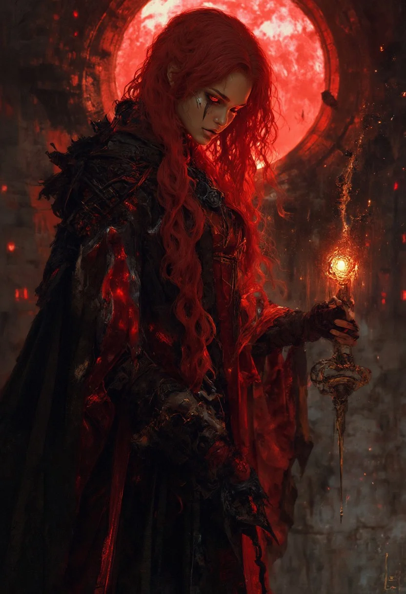 A beautiful blood moon priestess stands at the center of an ancient, stone altar bathed in crimson moonlight. She wears a sheer robe that clings to her curves, embroidered with dark red and black runes. Her long, blood-red hair cascades over her shoulders, and her eyes, glowing with a deep, otherworldly red, are filled with a mysterious power. She holds a ritual dagger in one hand, the blade glistening under the blood moon's eerie light, and her other hand hovers above a glowing orb that pulses with dark magic. The atmosphere is thick with tension and arcane energy, capturing the seductive and ominous presence of the priestess. <lora:FluxMythP0rtr4itStyle:0.6> <lora:flux.1_lora_flyway_Epic-Characters_v1:0.6> <lora:Elden_Ring_-_Yoshitaka_Amano:0.33>