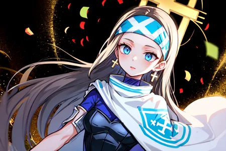 highly insanely detailed, masterpiece, top quality, best quality, highres, 4k, 8k, RAW photo, (very aesthetic, beautiful and aesthetic),  
beth_\(megami_tensei\),bethsmtii,shin megami tensei ii,long hair,black hair,straight hair,sleek black,jewelry,cross,headband,red_lipstick,messian_cross_earrings,cross_earrings,religious_earrings,messian_symbol_jewelry,bandana_with_messian_symbol,Religious_bandana,symbol_headband,messian_church_bandana,Blue_dress,armored_corset,blue shirt,white cape,cape_with_messian_symbol,Religious_cape,messian_symbol_cape,holy_knight_cape,Tokyo_Millennium,post-apocalyptic_city,dystopian_world,Arcadia,Utopian_district,demon-free_zone,false_paradise,Great_Cataclysm,World_ending_event,apocalyptic_disaster,city_rebirt, 
<lora:zs_Beth:0.6>, 
(1girl:1.3), 1other, 
floral patterns background,sparkling gold background,(psychedelic color background,colored confetti background),âââ