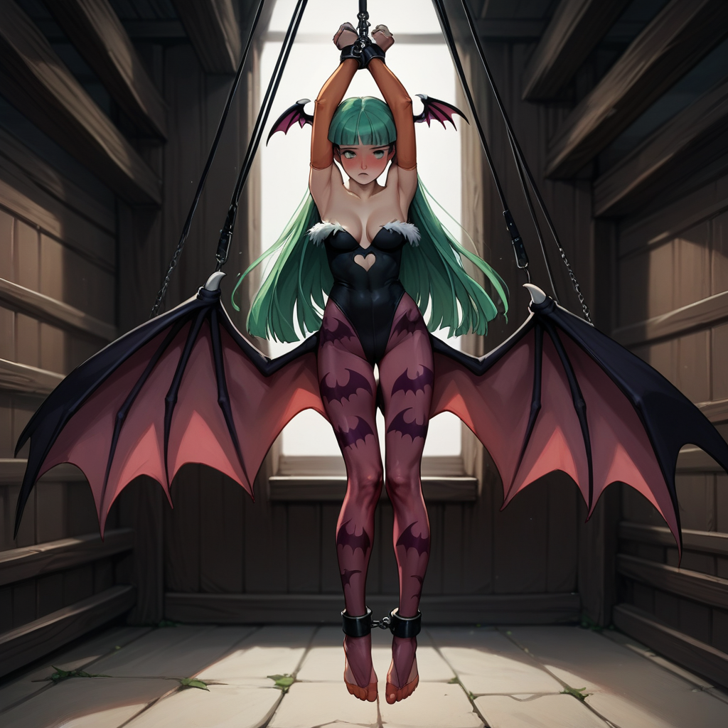 score_9, score_8_up, score_8, (source_anime), hanging_suspension, BREAK, Morrigan Aensland, restrained, bound wrists, blush, perfect face, 1woman, 22 years old, MorriganAe, hime_cut, emerald_green hair, green eyes, blunt bangs, fur trim, bridal gauntlets, print pantyhose, bat print, cleavage, hanging_suspension, BREAK, 1woman, bondage, bdsm, suspension, standing, arms_up, cuffs, bound_wrists, upright_restraints, standing_restraints, tiptoes, straight_legs, feet_dangling