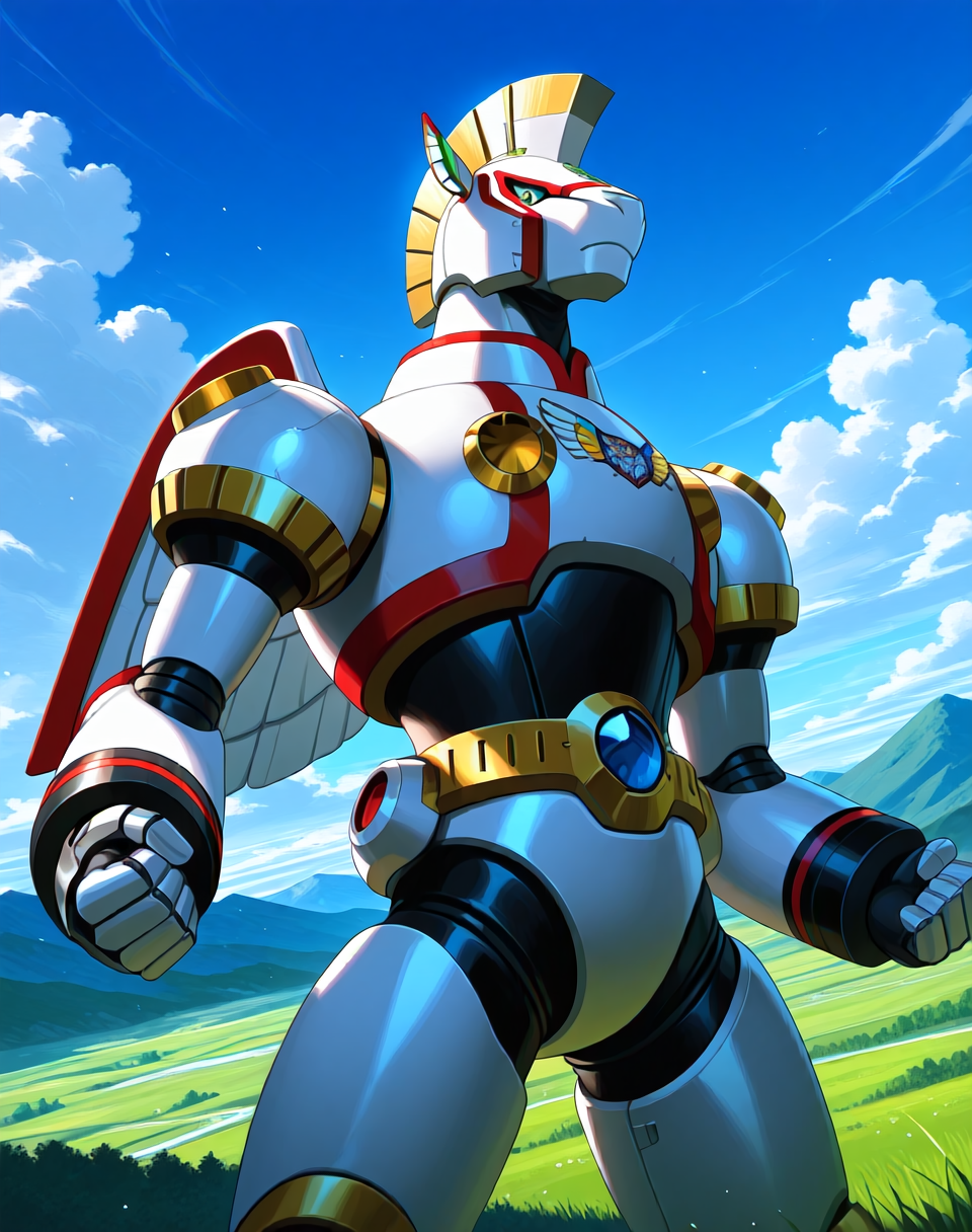 <lora:Spiral_Pegasus_(Mega_Man_X)_(Illustrious)_(AD):1> Spiral Pegasus, reploid, MMX, 
exterior, blue sky with clouds, mountain valley, grassy valley,
dutch angle, dynamic action, cowboy shot, 
male focus, intense shadows, dynamic shadows, intricate details, attention to details, gradient coloring, robot, bright vivid colors, deep metallic colors, glossy metal body, logo on chest, 
BREAK very awa, masterpiece, best quality, amazing quality, very aesthetic, highres, absurdres,
EZRealPONYXL, zPDXL, Smooth Quality, lazynsfw,