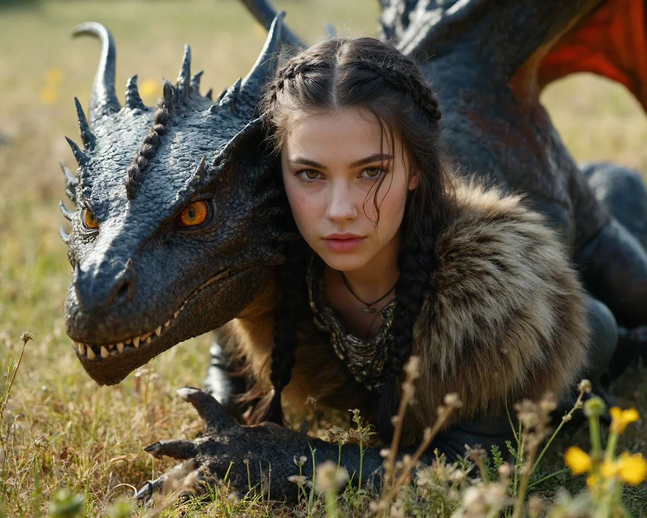 high definition cinematic photo of an 18 year old girl on all fours with a dragon, spring time, action poses, intricately detailed leather and fur clothing, jet black braided hair, epic, ancient time fantasy world setting, realism, cinematic lighting, real skin texture, intricately detailed eyes, perfect lips, subsurface scattering