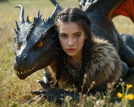 high definition cinematic photo of an 18 year old girl on all fours with a dragon, spring time, action poses, intricately detailed leather and fur clothing, jet black braided hair, epic, ancient time fantasy world setting, realism, cinematic lighting, real skin texture, intricately detailed eyes, perfect lips, subsurface scattering
