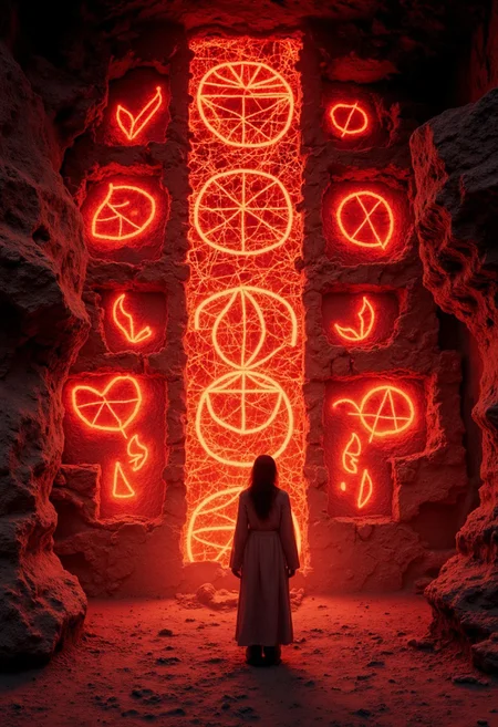 Vibrant Colorful Realistic analog photo, very detailed, hyper detailed, photorealistic, uhd, 4k, a DARK cave dimly lit with a giant futuristic but very old Puzzle Like ancient luminous tiles at the Wall, Realistic analog photo, awesome, high Quality, photorealistic, atmospheric lighting, volumetric lighting, cinematic, Epic Film Quality. intricately carved with ancient geometrical symbols, now eroded by time and the harsh desert climate. Rear View an female bedouin adventurer looking at the Wall trying to solve the Puzzle