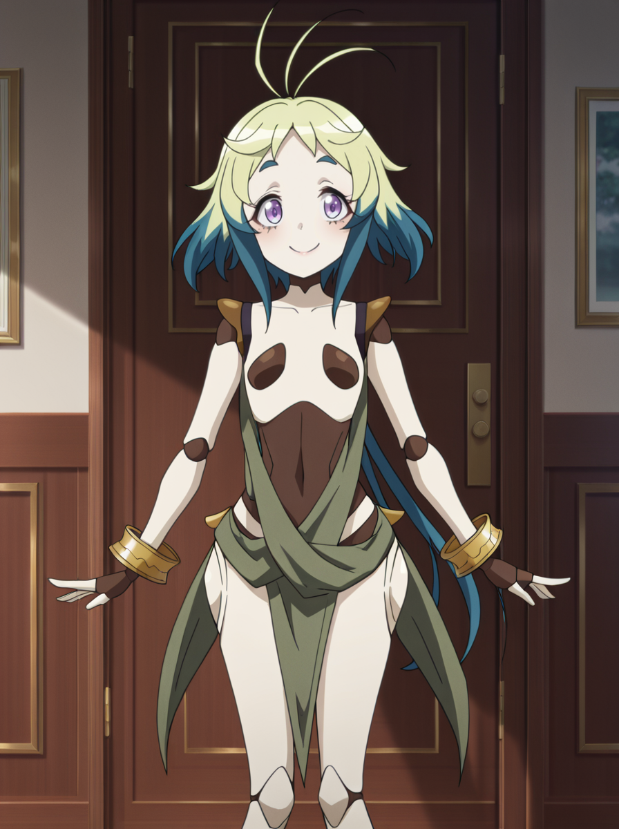 masterpiece, best quality, amazing quality, very aesthetic, absurdres, newest, anime screenshot,  anime coloring,   <lora:tikiSymphogear:1>tikisympho, 1girl, solo, multicolored hair, antenna hair, joints, doll joints, smile, purple eyes standing,  happy,