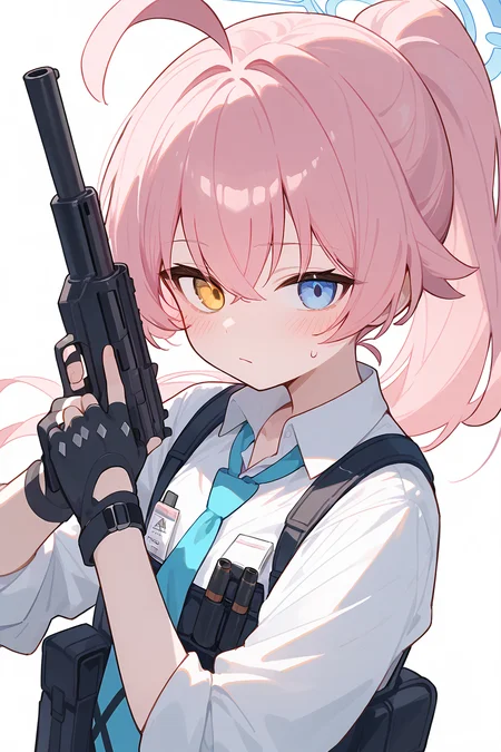 (score_9,score_8_up,score_7_up),<lora:hoshino (blue archive)-v1:1>,hoshino (blue archive),1girl,solo,weapon,heterochromia,gun,pink hair,gloves,necktie,shotgun,white background,blue eyes,blue necktie,shirt,simple background,yellow eyes,holding,looking at viewer,long hair,white shirt,holding weapon,holding gun,black gloves,blush,ahoge,collared shirt,vest,halo,upper body,closed mouth,bangs,fingerless gloves,sleeves rolled up,long sleeves,ponytail,hair between eyes,school uniform,bag,
good feet,anime,NSFW,expressive,amazing quality,ultra hd 32k,