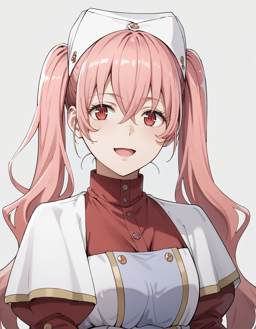 score_9, score_8_up, score_7_up, source_anime, BREAK
1girl, simple background, upper body, 
heith velvet, long hair, pink hair, twintails, hair between eyes, red eyes, light smile, open mouth,
nurse outfit, nurse cap, red dress, white apron, puffy sleeves, 
<lora:heith_velveta_anime-soralz:0.9>