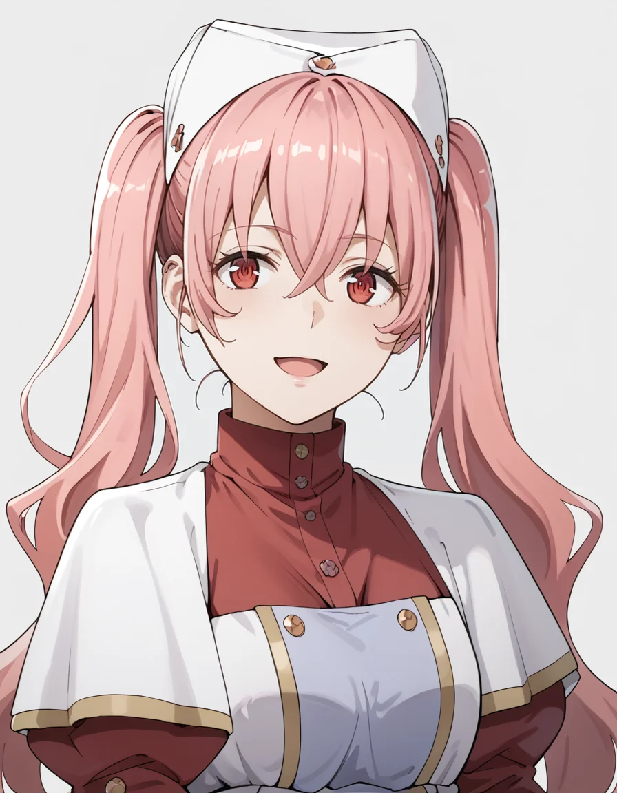 score_9, score_8_up, score_7_up, source_anime, BREAK
1girl, simple background, upper body,
heith velvet, long hair, pink hair, twintails, hair between eyes, red eyes, light smile, open mouth,
nurse outfit, nurse cap, red dress, white apron, puffy sleeves,
<lora:heith_velveta_anime-soralz:0.9>
