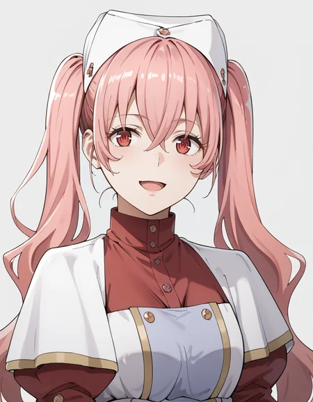 score_9, score_8_up, score_7_up, source_anime, BREAK
1girl, simple background, upper body, 
heith velvet, long hair, pink hair, twintails, hair between eyes, red eyes, light smile, open mouth,
nurse outfit, nurse cap, red dress, white apron, puffy sleeves, 
<lora:heith_velveta_anime-soralz:0.9>