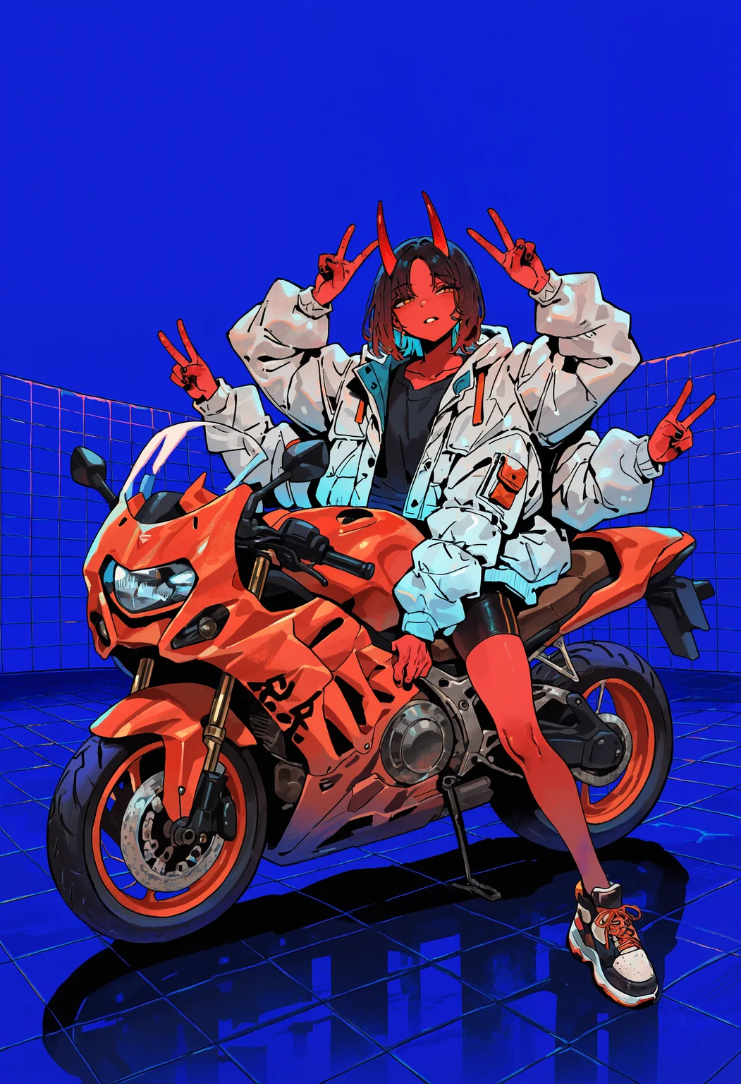 masterpiece, absurdres, newest, very awa, 1girl, solo, red skin, candle horns, red horns, short hair, parted bangs, bike shorts, oversized jacket, white jacket, black shirt, parted lips, extra arms, motor vehicle, motorcycle, riding, sitting, parked vehicle, double v, blue background, tile wall, tile floor, <lora:spo_sdxl_10ep_4k-data_lora_webui>, <lora:TA_trained:0.35>, <lora:NOOB_EPSv1_1_detailer_by_vlnvk_v0_5>, <lora:kou_tamagosan1001_NAI:0.8>