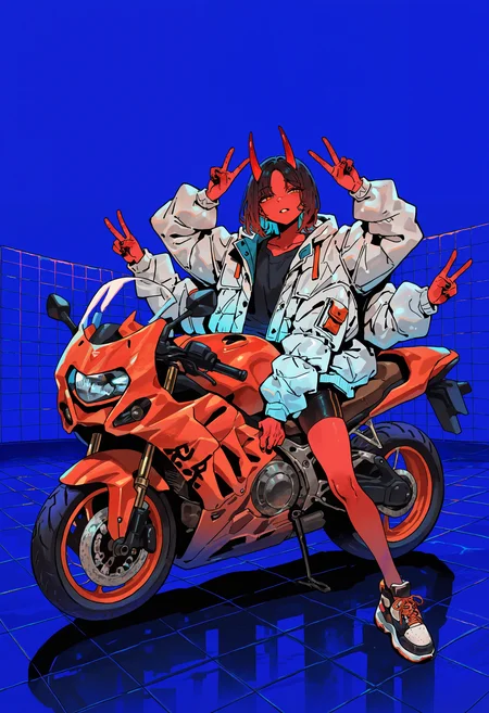 masterpiece, absurdres, newest, very awa, 1girl, solo, red skin, candle horns, red horns, short hair, parted bangs, bike shorts, oversized jacket, white jacket, black shirt, parted lips, extra arms, motor vehicle, motorcycle, riding, sitting, parked vehicle, double v, blue background, tile wall, tile floor, <lora:spo_sdxl_10ep_4k-data_lora_webui>, <lora:TA_trained:0.35>, <lora:NOOB_EPSv1_1_detailer_by_vlnvk_v0_5>, <lora:kou_tamagosan1001_NAI:0.8>