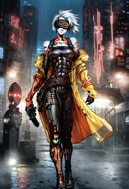 short tomboy hair, clear raincoat, cyberpunk, wearing a vr headset, shiny skin, walking in a cyberpunk dystopian city at night in the poruing rain, illuminated by neon lights  <lora:masamune shirow_pony:1> solo, 1girl, cyborg,  <lora:NAHIRI:1> nahiri, 1girl, solo, short hair, breasts, bare shoulders, white hair, colored skin, white skin , nomads, bakunin, moderator, holding a pistol, ligth armour, white armour, source_anime, score_9_up,  score_7_up, score_8_up