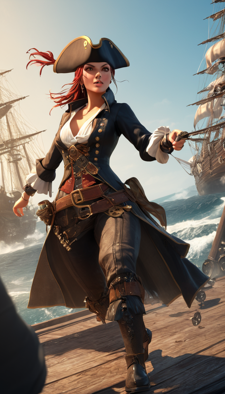 Cinematic scene, hero view, female pirate, action pose, detailed background, masterpiece, best quality, high quality, highres, absurdres, steampunk <lora:steampunk_xl_v1:1>
