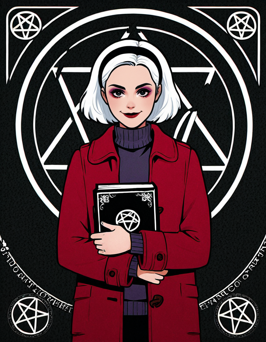 <lora:SabrinaIllustrious1.00JLFO:0.8> Sabrina, 1girl, solo, hairband, book, pentagram, short hair, sweater, magic circle, looking at viewer, holding, white hair, smile, black hairband, coat, turtleneck, makeup