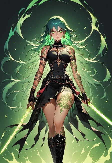 safe_pos, score_9, score_8_up, score_8_up,NLSTN, dark, 1girl, byleth (fire emblem) solo, flowing teal hair, earrings, jewelry, green glowing eyes, ornate pauldrons, green glowing tattoos, Nordic tattoo, ((arms tattooed)), tattoos, sexy pose, ((body tattoos)), full body shot, holding red glowing sword in one hand, fingerless gloves, skirt, Lower body focus, ((thighs tattooed)), sexy combat boots,