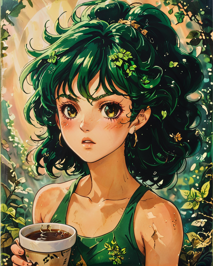 overhead angle of a Comely Disgusting Female Dryad, the Dryad is Attending sports events, she is inside a Cup, the Dryad has Trendy hair styled as thick and lush, at Golden hour, Dark, Grungepunk, 80mm, <lora:Vintage_Anime:1>