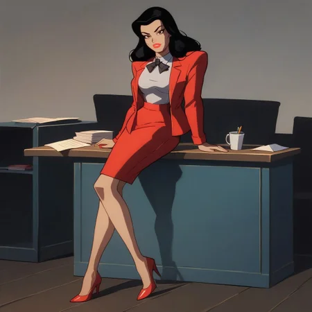 safe_pos, score_9, score_8_up, score_7_up, solo, 1girl, lipstick, black hair, long hair, brown eyes, suit, red jacket, white shirt, red pencil skirt, black bowtie, red high heels, formal, looking at viewer, breast, Candice (dc), office