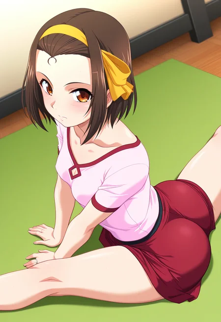 masterpiece, best quality, amazing quality, 1girl, solo, misaoww, brown eyes, brown hair, short hair, forehead, yellow ribbon, yellow hairband, small breasts, wedding ring, casual, collarbone, pink shirt, red skirt, <lora:Matsumori_Misao_Tonarizuma2_ill:0.9>, dutch angle, lying, ass, on stomach, on floor, side sitting split, spread legs, stretching, yoga, flexible, looking at viewer, skindentation, detailed clothing folds, depth of field, sharp, high contrast, dynamic light