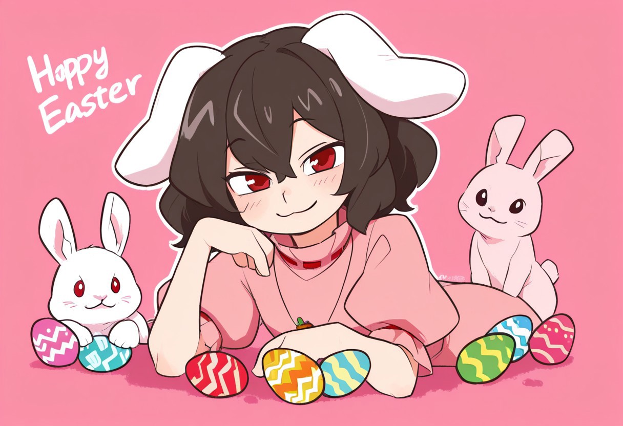 best quality,
looking at viewer,
1girl, solo, inaba tewi, rabbit,
smile, :3,
easter, easter egg, text, 2025,