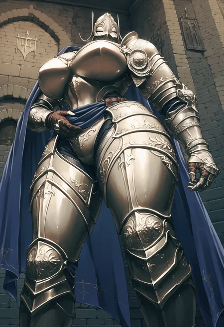score_9, score_8_up, score_7_up, score_6_up, score_5_up, score_4_up, <lora:Rellana:0.7> 1girl, huge breasts, thick thighs, armor, full armor, shoulder armor, helmet, gauntlets, knight, faceless, cape, from below, foot,
castle background, wall,