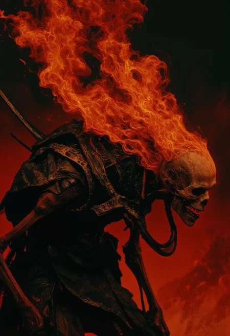 Create a dark, gothic, B3y0ndTh3Bl4ckR4nb0w surreal digital drawing of a skeletal female Samurai in profile, showcasing an exposed head and torso, richly detailed in deep black and grey tones. The head and neck are engulfed in fiery, ethereal flames, vibrant in orange and red, with glowing electric white accents. These flames are chaotic, splattering and extending beyond the skeleton, conveying a sense of intense motion. The figure has a devilish grin, radiating a mischievous charm, as if casting a voodoo spell. Set against a vivid background that sharply contrasts with the dark hues and fiery chaos, the flames appear fluid and dripping, adding dynamic energy to the scene. The composition blends horror, fantasy, and surrealism with bold lines and strong color contrasts.