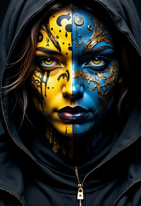 A close-up of a face adorned with intricate black and blue patterns. The left side of the face is predominantly yellow, with symbols and doodles, while the right side is dark, featuring mechanical elements. The eye on the left is a striking shade of yellow, contrasting sharply with the surrounding patterns. The face is partially covered by a hooded garment, cinematic_1940s cinematic_octane