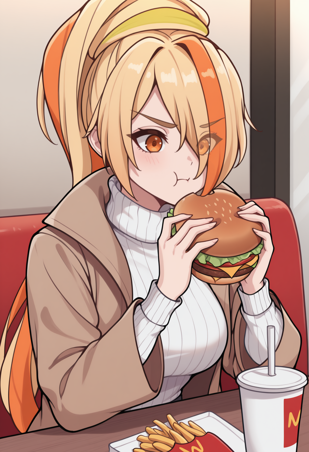 masterpiece, best quality, newest, upper body, solo, 1girl, s4k1def, eating, :t, sitting, holding food, burger, streaked hair, blonde hair, orange hair, hair over one eye, ponytail, orange eyes, winter clothes, brown coat, open coat, long sleeves, white sweater, ribbed sweater, turtleneck sweater, indoors, restaurant, fast food, french fries
<segment:yolo-Anzhc Face seg 640 v2 y8n.pt,0.4,0.5//cid=1>