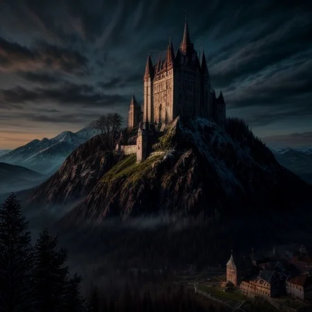 Medieval German castle, surrounded by mountains, high fantasy, epic, digital art.