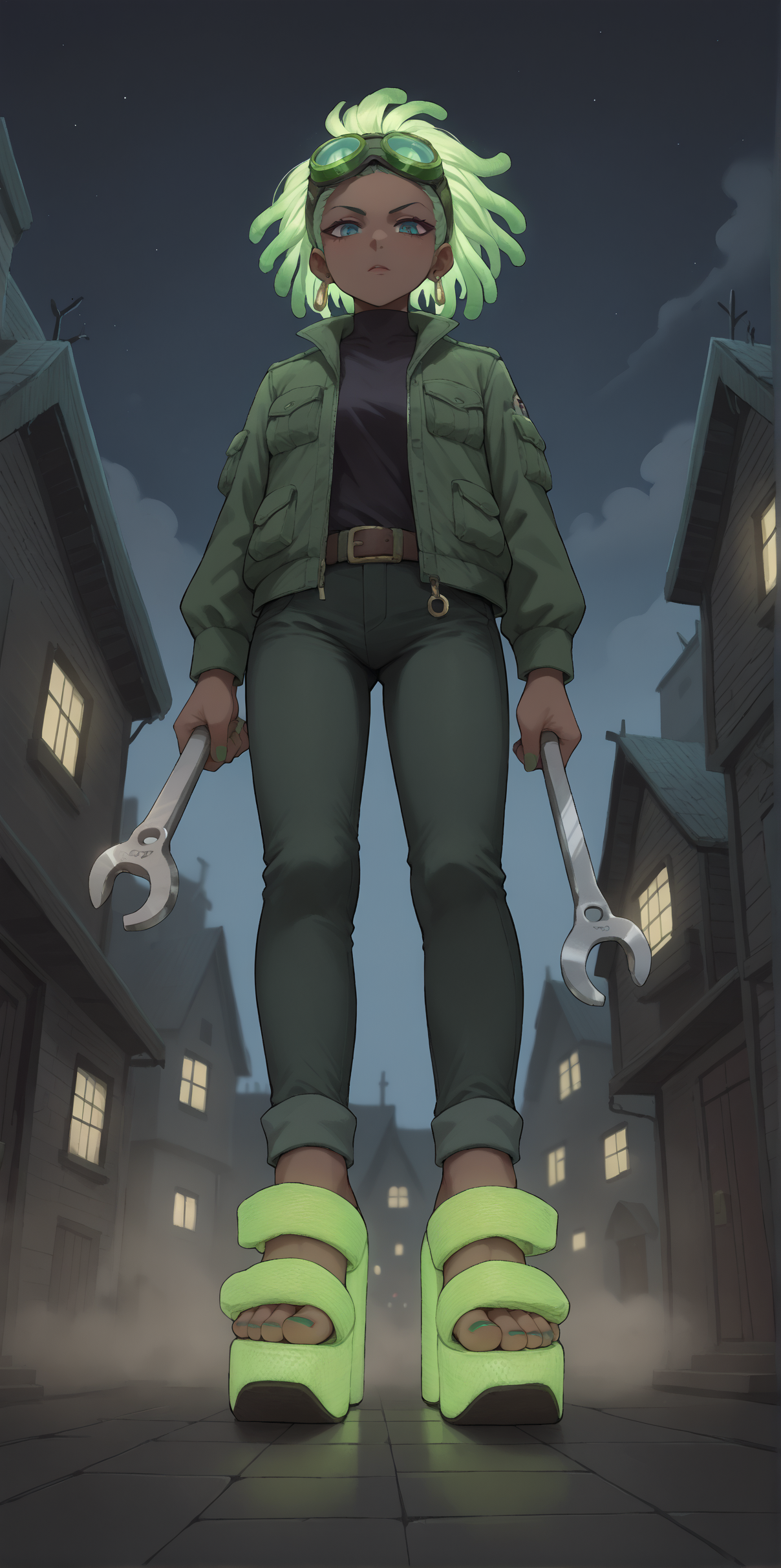 score_9, score_8_up, score_7_up, score_6_up, source_anime,
wide angle, standing, low angle, foot focus, 
standing,
holding a giant wrench as a weapon,
(glowing neon footwear:1.1),
(glowing neon hair:1.15),
1girl, leather pants, green short jacket, black and green hair, dreadlocks, 
goggles, glowing green goggles,
ï»¿(ï»¿m3sh heels), platform footwear,
halloween scene, fog, haunted house, night,
green toenail polish,
embedding:zPDXLrl ,
embedding:zPDXL2 ,