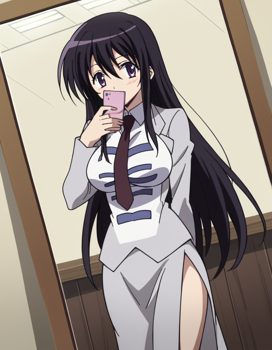 score_9, score_8_up, score_7_up, source_anime, <lora:kyouko-sonan-s1-ponyxl-lora-nochekaiser:1>, kyouko sonan, long hair, black hair, purple eyes, hair between eyes, sidelocks, anime screencap,, skirt, long sleeves, uniform, side slit, skirt suit, necktie, large breasts,, cafe, coffee, table, chairs, casual, smile, <lora:mirror-selfie-ponyxl-lora-nochekaiser:1> selfie, arm behind back, cellphone, covering own mouth, embarrassed, hand up, holding, holding phone, mirror, phone, reflection, smartphone, blush, cowboy shot, looking at viewer, solo,, dutch angle, cowboy shot