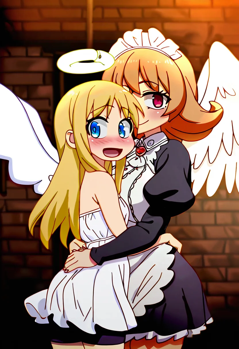 (masterpiece, best quality, good quality, very aesthetic, absurdres, newest:1.2), eyelashes, (beautiful eyes), 2girls, hug, Meidri, bangs, large breasts, brown hair, long sleeves, dress, frills, wings, puffy sleeves, orange hair, apron, maid, maid headdress, juliet sleeves, monster girl, feathered wings, puffy long sleeves, white wings, flipped hair, harpy, Crimvael, solo, long hair, open mouth, blue eyes, blonde hair, dress, bare shoulders, wings, shorts, white dress, tree, strapless, halo, black shorts, bike shorts, strapless dress, angel wings, angel, shorts under dress, blush, indoors, brick wall, blurry background, ,cowboy shot, smile, looking at viewer, <lora:IshuzokuReviewersNAI:1.0>,