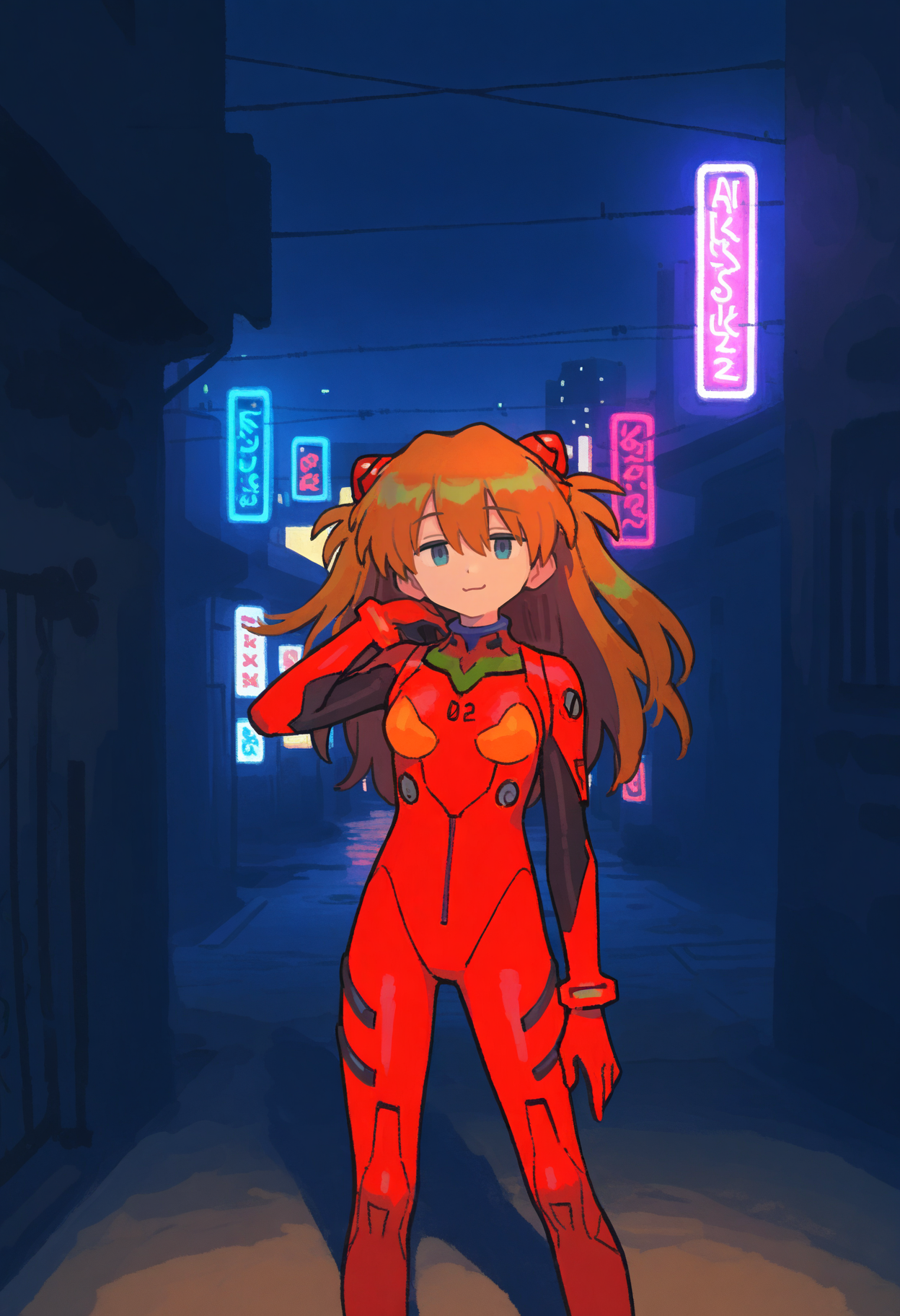 best quality, amazing quality, very aesthetic, absurdres,
BREAK
1girl, asuka langley, red plugsuit, standing, smug, looking at viewer, futuristic background, neon light , buildings, night,    <lora:MujiNoob_byKonan:1>