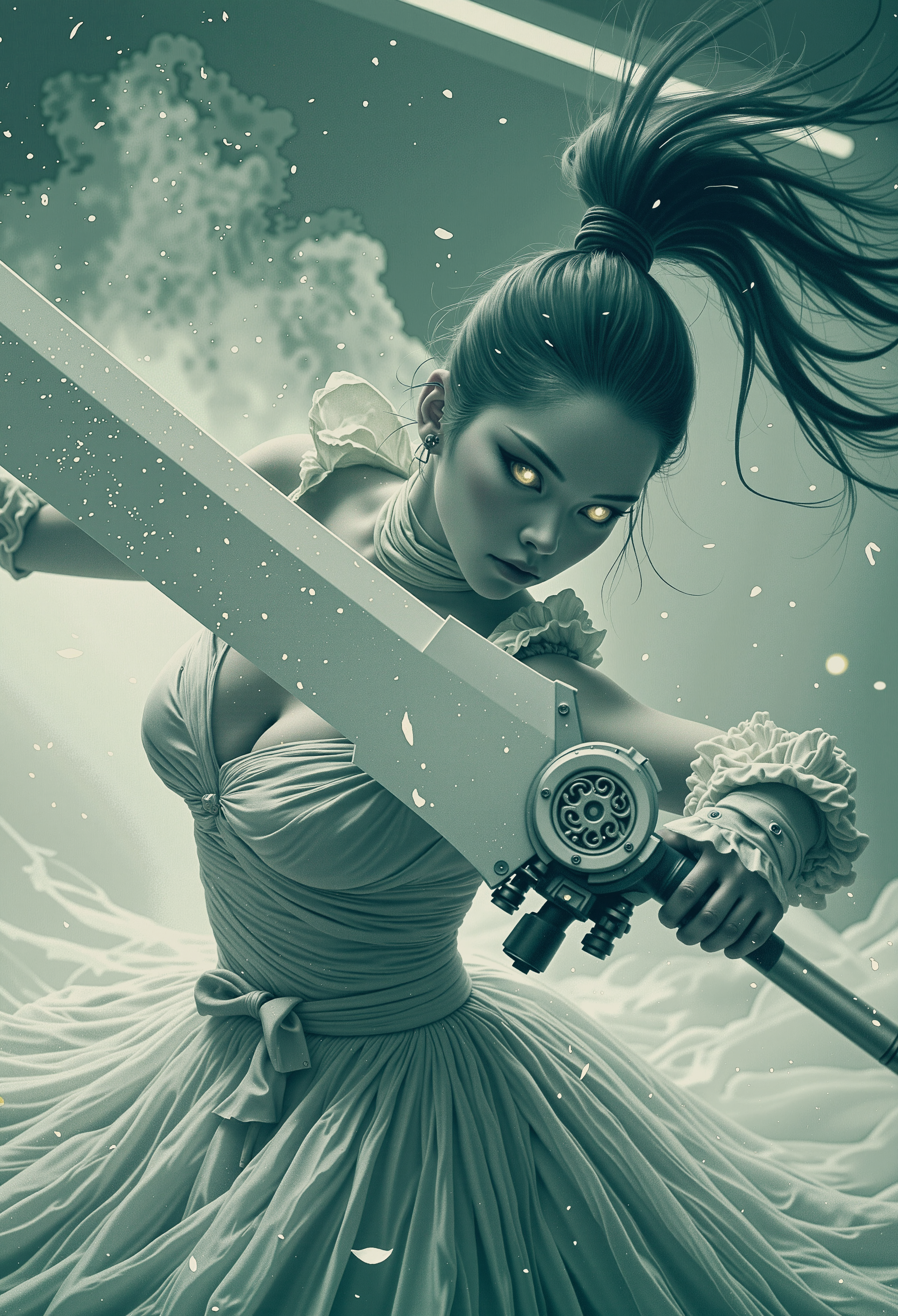 A cinematic shot of a biosynthetic humanoid woman wielding an unbelievably massive sword more than twice her own size. She is a terribly beautiful yet expertly lethal creature. She swings the giant sword with finesse and grace, as if it were an extension of herself. A biosynthetic humanoid designed to kill, yet when they swing their sword it is almost as graceful as a dance. She looks focused, yet subtly happy, in her element. Her bright eyes are mesmerizingly beautiful synthetic creations, though an entirely unnatural color. She has white matte translucent ethereal synthetic skin, with a texture almost like frosted glass or matte polished alabaster, with soft diffused lighting, subtle light scattering, soft refractions, gentle highlight diffusion, muted reflections, soft-focus translucency. Backlighting creates a dramatic, atmospheric glow, illuminating unknown elements swirling in the air and emphasizing the sharp edges of her frightening visage, as the giant sword seems to cut right through the air itself. The scene is chilling, intense, and hauntingly beautiful., <lora:xjie_mihuan_000007500:0.32> xijie_mihuan,<lora:Dystopian_Style:0.4> 0y5top1a8e,<lora:Softlight:0.496> SoftLight effect, film grain, <lora:The_Vanguard:0.5> SentinelBot <lora:ssw:0.75> giant sword, A cinematic shot of a biosynthetic humanoid woman wielding an unbelievably massive sword more than twice her own size. She is a terribly beautiful yet expertly lethal creature. She swings the giant sword with finesse and grace, as if it were an extension of herself, gripping it confidently with her left hand. A biosynthetic humanoid designed to kill, yet when they swing their sword it is almost as graceful as a dance. She looks focused, yet subtly happy, in her element. Her bright eyes are mesmerizingly beautiful synthetic creations, though an entirely unnatural color. She has the palest, white matte translucent ethereal synthetic skin, with no color or pigment, with a texture almost like frosted glass or matte polished alabaster, with soft diffused lighting, subtle light scattering, soft refractions, gentle highlight diffusion, muted reflections, soft-focus translucency. She wears a long white dress with a high neck that fully covers her torso and arms, which flairs out, flowing around her as she spins. Backlighting creates a dramatic, atmospheric glow, illuminating unknown elements swirling in the air and emphasizing the sharp edges of her frightening visage, as the giant sword seems to cut right through the air itself. The scene is chilling, intense, and hauntingly beautiful., <lora:xjie_mihuan_000007500:0.32> xijie_mihuan,<lora:Dystopian_Style:0.35> 0y5top1a8e,<lora:Softlight:0.4> SoftLight effect, film grain, <lora:The_Vanguard:0.4> <lora:ssw:0.65> giant sword