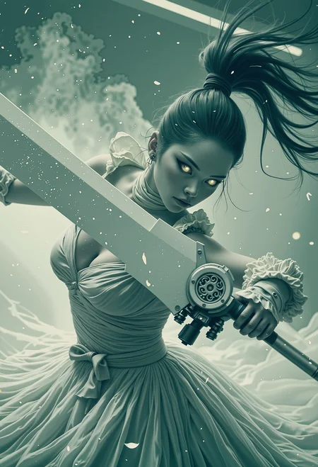 A cinematic shot of a biosynthetic humanoid woman wielding an unbelievably massive sword more than twice her own size. She is a terribly beautiful yet expertly lethal creature. She swings the giant sword with finesse and grace, as if it were an extension of herself. A biosynthetic humanoid designed to kill, yet when they swing their sword it is almost as graceful as a dance. She looks focused, yet subtly happy, in her element. Her bright eyes are mesmerizingly beautiful synthetic creations, though an entirely unnatural color. She has white matte translucent ethereal synthetic skin, with a texture almost like frosted glass or matte polished alabaster, with soft diffused lighting, subtle light scattering, soft refractions, gentle highlight diffusion, muted reflections, soft-focus translucency. Backlighting creates a dramatic, atmospheric glow, illuminating unknown elements swirling in the air and emphasizing the sharp edges of her frightening visage, as the giant sword seems to cut right through the air itself. The scene is chilling, intense, and hauntingly beautiful., <lora:xjie_mihuan_000007500:0.32> xijie_mihuan,<lora:Dystopian_Style:0.4> 0y5top1a8e,<lora:Softlight:0.496> SoftLight effect, film grain, <lora:The_Vanguard:0.5> SentinelBot <lora:ssw:0.75> giant sword, A cinematic shot of a biosynthetic humanoid woman wielding an unbelievably massive sword more than twice her own size. She is a terribly beautiful yet expertly lethal creature. She swings the giant sword with finesse and grace, as if it were an extension of herself, gripping it confidently with her left hand. A biosynthetic humanoid designed to kill, yet when they swing their sword it is almost as graceful as a dance. She looks focused, yet subtly happy, in her element. Her bright eyes are mesmerizingly beautiful synthetic creations, though an entirely unnatural color. She has the palest, white matte translucent ethereal synthetic skin, with no color or pigment, with a texture almost like frosted glass or matte polished alabaster, with soft diffused lighting, subtle light scattering, soft refractions, gentle highlight diffusion, muted reflections, soft-focus translucency. She wears a long white dress with a high neck that fully covers her torso and arms, which flairs out, flowing around her as she spins. Backlighting creates a dramatic, atmospheric glow, illuminating unknown elements swirling in the air and emphasizing the sharp edges of her frightening visage, as the giant sword seems to cut right through the air itself. The scene is chilling, intense, and hauntingly beautiful., <lora:xjie_mihuan_000007500:0.32> xijie_mihuan,<lora:Dystopian_Style:0.35> 0y5top1a8e,<lora:Softlight:0.4> SoftLight effect, film grain, <lora:The_Vanguard:0.4> <lora:ssw:0.65> giant sword