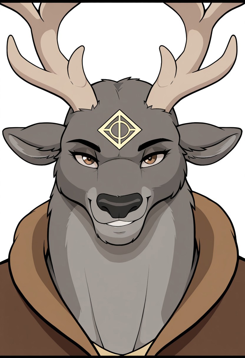 art_style_droll3ill, masterpiece, best quality, amazing quality, high detail, 1boy, solo, anthro deer, grey body, antlers of deer, brown eyes, deer face, BREAK, portrait, looks at the viewer, smiles, shows the micah sign, white background,