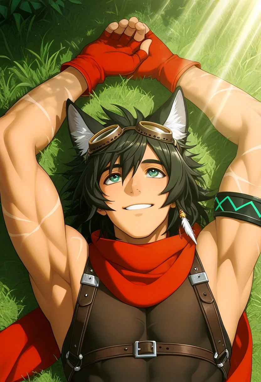 Anime, anime screencap, anime coloring, official art, 1male only, 1boy only, male focus, tall body, tall height, lean figure, toned body, Courier, black hair, animal ears, goggles on head, blue green eyes, single long white earring, see-through sleeveless shirt, dark brown chest harness, long red scarf, single black blue green armlet, arm scars, fingerless red gloves, orange accents, close up shot, fantasy land background, fantastical scenery, sun rays, dramatic lighting, happy, smile, looking up, laying on grass, relaxing, arms above head, armpits, biceps