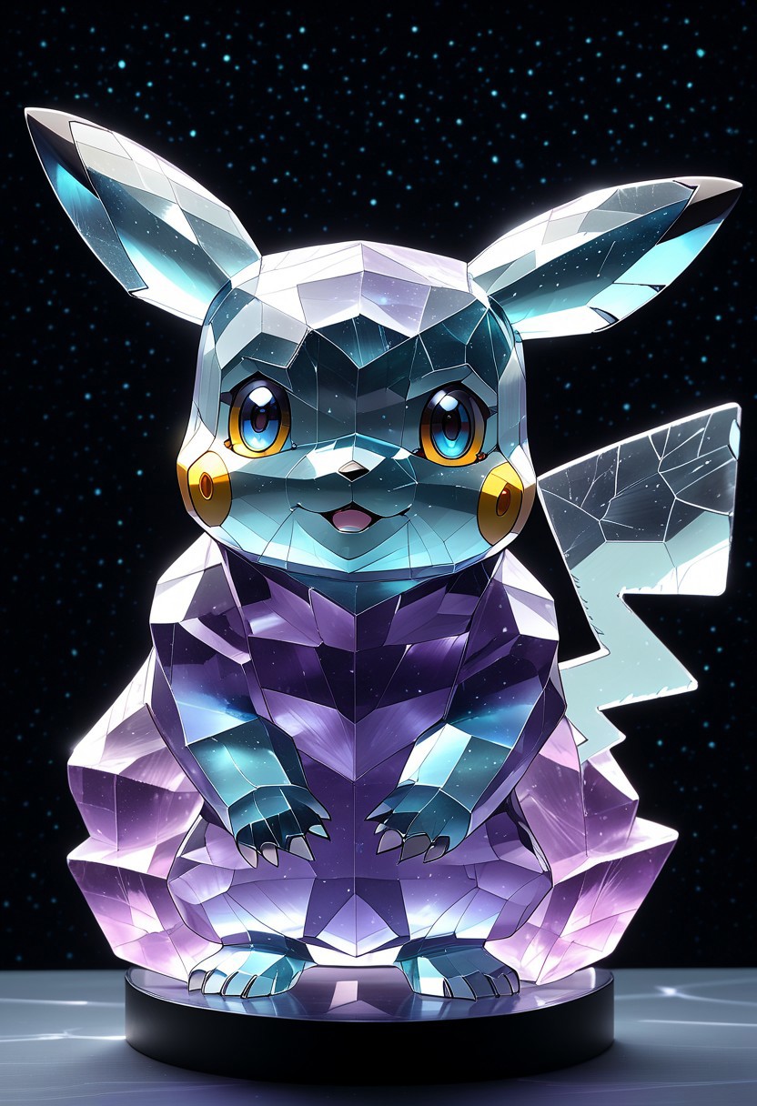 (masterpiece), best quality, Anime, Illustration, hex, cut lines,pikachu, Black Background, No Humans, Starry Theme, (Light Refraction), White and colorfull Theme, Natural Lighting, Verynsty, fluorite mineral, flu0rite, iridiscent, symphtia-style