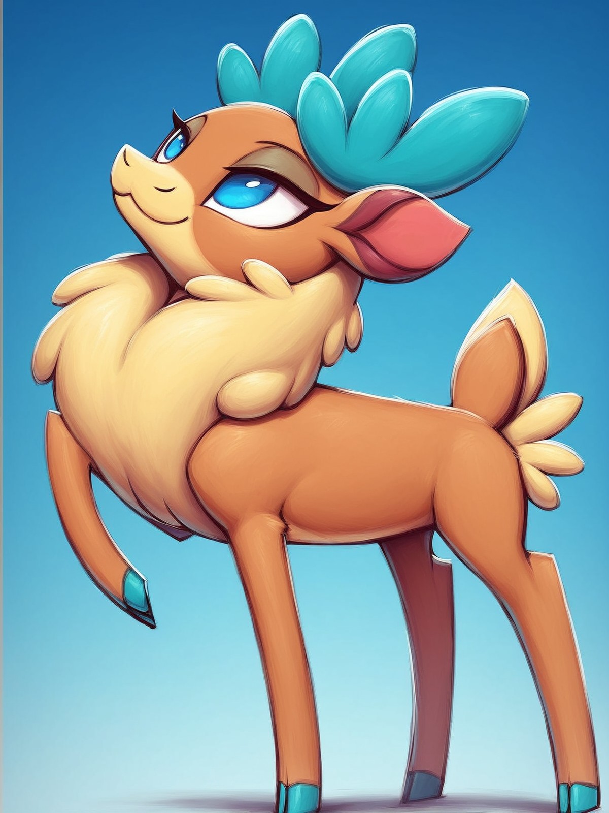 source_furry,
score_8,
score_6.
score_7,
2d,
anime,
<1girl:1.5>,
<solo:1.5>,
<simple background:1.5>,
<white background:1.5>,
reindeer,
reindeer_girl,
feral,
velvet_fherds, no humans, reindeer_girl, blue eyes, solo, full body, smile, standing, closed mouth, blue background, simple background, feral,
<lora:Velvet_Fightin_Herds_Pony_SDXL:1> velvet_fherds,
<lora:Pony_DetailV2.0:1>,, standing,
dancing,
waving hands,
